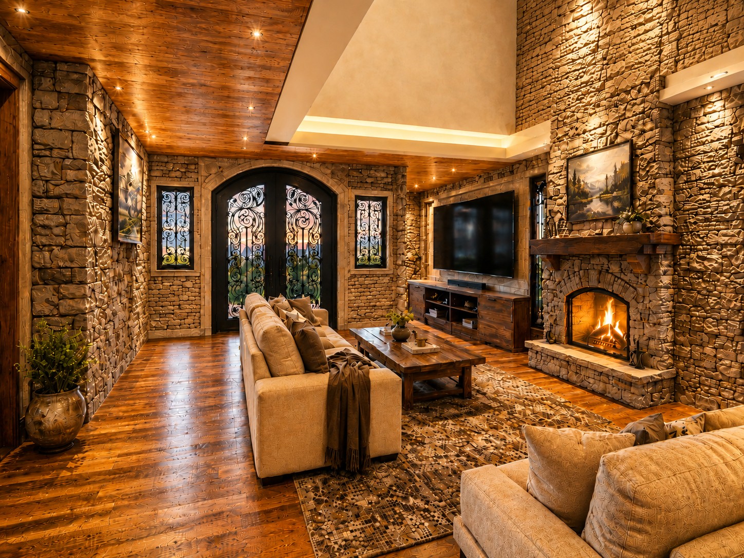Render de sala con chimenea